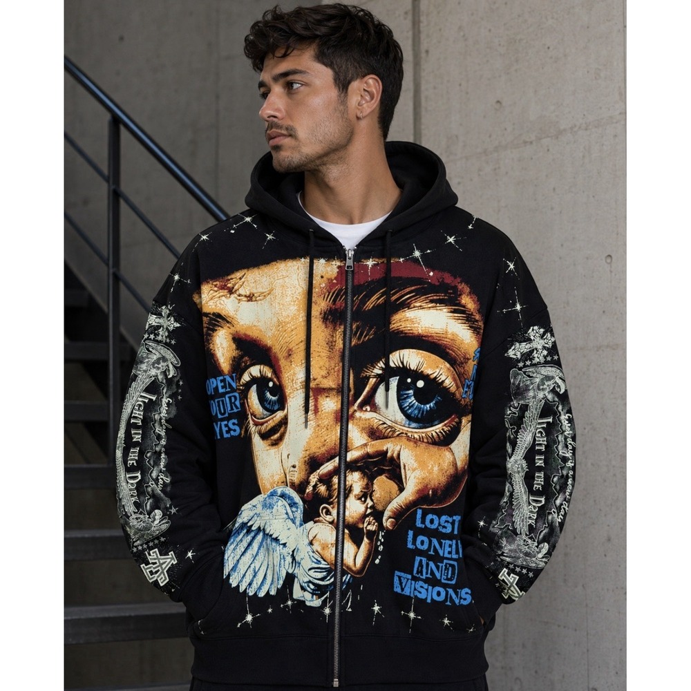 Y2K Streetwear Hoodie - ROMWE Men Size Small Goth Street Life Angel Print Zip Up